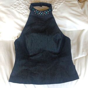 XOXO Denim Jewelled  Neck Halter Top